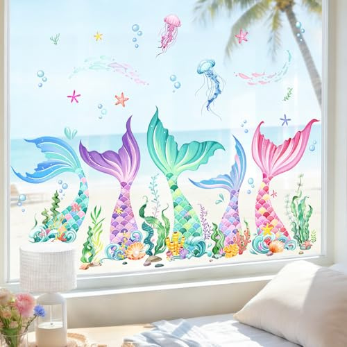 Supzone Fensterbilder Kinderzimmer Meerjungfrau Schwanz Fensteraufkleber | Meer Ozean Fisch Unterwasserwelt Fenstersticker Sommer Frühling Anti-Kollision Badezimmer Fensterdeko