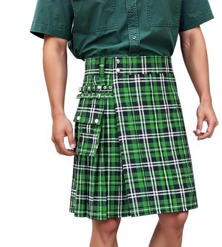 Kilt in Tartan per Uomo Kilt in Tartan con Cinghie e Ampie Tasche Cargo,Set da Scozzese per Uomo, Plaid,Minigonna, Scozia, San Patrizio, Costume,Carnevale, Festa in Maschera,Regalo per Coppia Casual