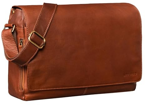 STILORD Reinhold Vintage Messenger Bag Herren Leder Umhängetasche Große Laptoptasche Echtleder Businesstasche Aktentasche Männer Ledertasche mit Laptopfach 15.6-16 Zoll Farbe:cognac - braun