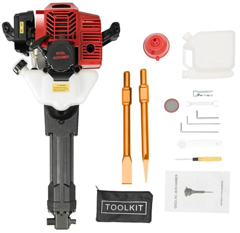Benzin Abbruchhammer Stemmhammer Hammer Betonhammer 1900W, 52cc 2‑Takt Motor, Schlagenergie 20‑55J, 1500 bpm, inkl. Spitz‑ & Flachmeißel, Für Beton, Stein & Mauerwerk