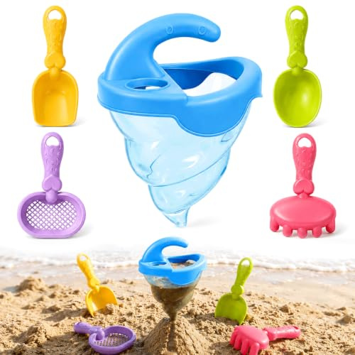 5Pcs Sand Funnel Beach Toy, Sand Spilling Funnel Set with Shovel Rake Sifter Spoon, Drip Sand Castle Maker Water Mixing Toys, Sensory Sandbox Activity Kit for Outdoor Beach Pool Backyard Summer
