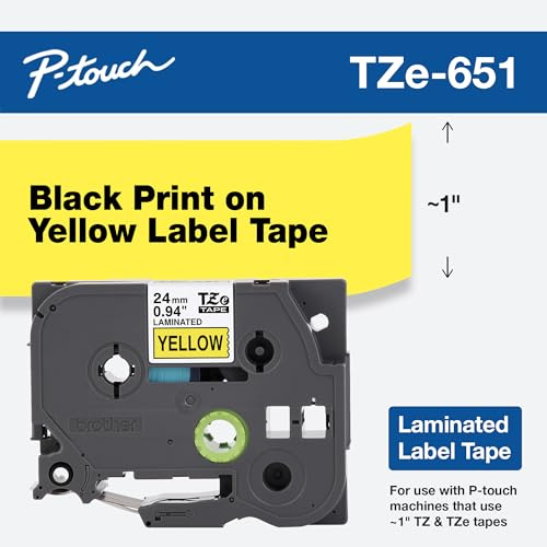 Brother Genuine P-Touch TZE-651 Tape, 1 (24 mm) Standard Laminated P-Touch Tape, Black on Yellow, for Indoor or Outdoor Use, Water-Resistant, 26.2 ft (8 m), Single-Pack, TZE651, 24mm