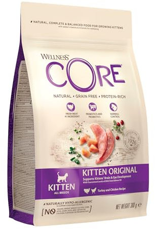 Wellness CORE Kitten Original, Huhn & Pute, 300 g, Kitten Trockenfutter, ohne Zuckerzusatz, getreidefrei, mit hohem Fleischanteil, fördert Gehirn- & Augenentwicklung