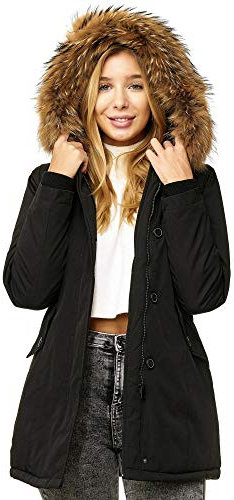 Elara Damen Winterparka | Jacke mit Echt Pelz / Echt Fell Kapuze | Designer Damenjacke | Gefütterte Outdoor Mantel | chunkyrayan, Größe 42, Farbe Schwarz