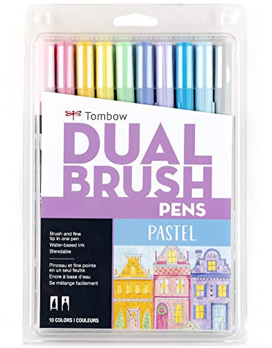 Tombow 56187 Dual Brush Pen Art Marker, Pastellfarben, 10 Stück Mischbare Pinsel und feine Spitze Marker