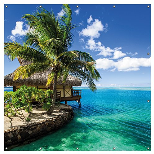 Wallario XXL Outdoor-Poster für Garten oder Balkon Karibisches Meer Einsame Hütte unter Palmen, Motivbanner Größe: ca. 180 x 180cm, 2-teilig, Outdoor-Bild