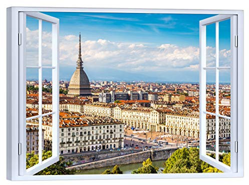 LuxHomeDecor Quadro finestra su torino 100x75 cm Stampa su Tela con Telaio in Legno Arredamento Arte Arredo Moderno