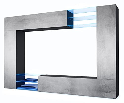 Vladon Wohnwand Mirage, Made in Germany, Anbauwand mit Rückwand mit 2 Türen, 2 Klappen und 6 offenen Glasablagen, Schwarz matt/Beton Oxid-Optik, inkl. LED-Beleuchtung (262 x 183 x 39 cm)