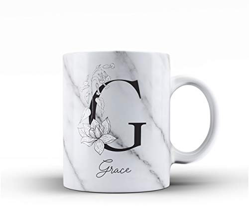 Personalised Floral Botanical Watercolour Monogram and Signature Ceramic Mug - 4c. Botanical Black & White Name on White Marble