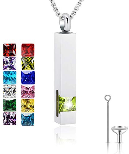 Urn Necklace for Ashes Birthstone Cuboid Cremation Jewelry Keepsake Holder Memorial Locket Necklaces Pendant