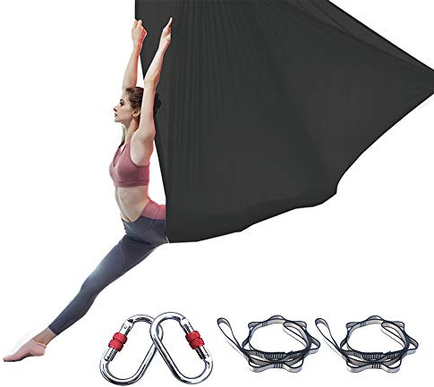 FOSER Aerial Yoga Hängematte Antenne Yoga Swing mit Gänseblümchen Karabiner für umgekehrte Schwerkraft Yoga Flip mit Bedienungsanleitung 5 m × 2,8 m (schwarz)