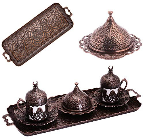 Alisveristime Ottomane Türkisch Griechisch Arabisch Espresso Kaffeetassen mit Untertasse und Deckel (2er Set) (Hilal) (Kupfer)