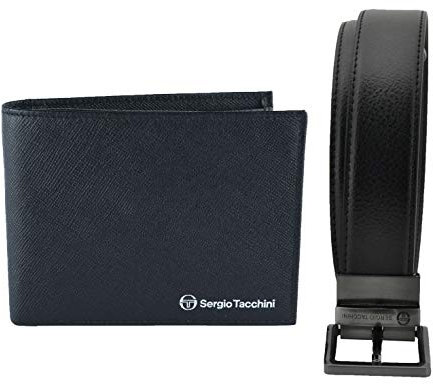 Sergio Tacchini Geschenkbox für Herren, wendbarer Gürtel und Geldbörse aus Leder, Schwarz Slim, 127 Cm
