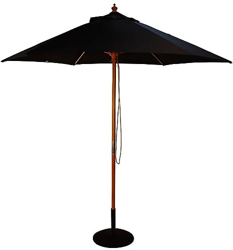 BrackenStyle Parasol de jardin en bois - Parasol de jardin à poulies et lavable en machine - 11 couleurs - 15 kg - Base en béton noir incluse, Noir , 2.5m