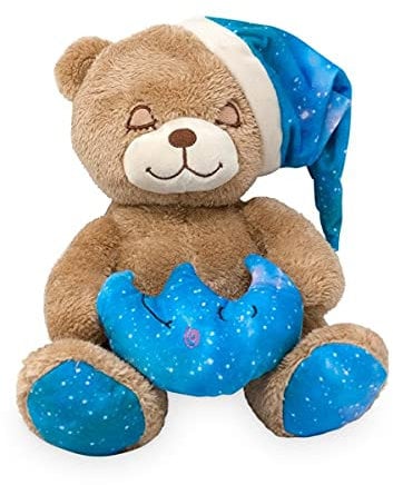 Schlafbär Mond ca. 26 cm, Sitzender Plüsch, Schlaf-Bär mit Mütze, kuschletier Teddy, Plüschtier Bear, 1 Stück