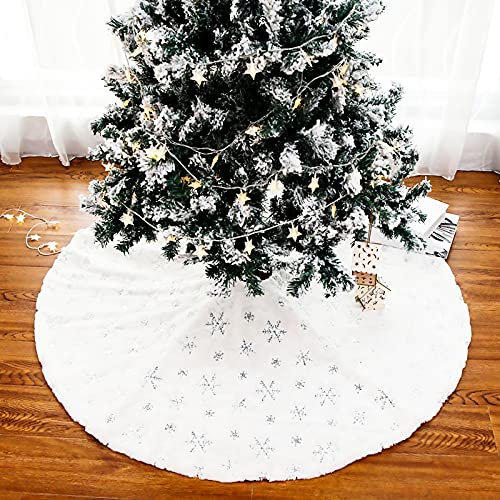 Tallgoo Weihnachtsbaumdecke,Weißer Plüsch Weihnachtsbaum Rock,Tannenbaum Decke mit Schneeflocke Pailletten Teppich Rund für Frohe Weihnachten Party Decke Rock Dekorationen(35zoll)