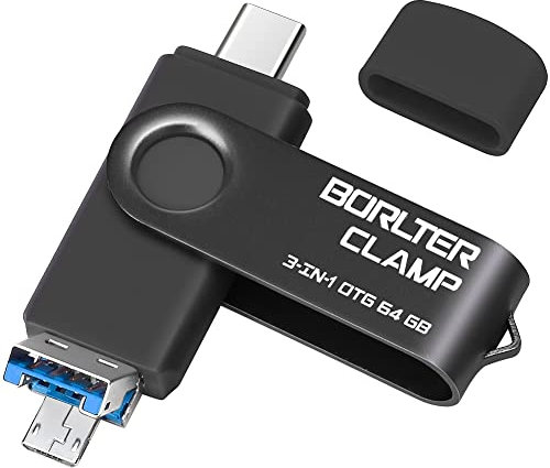 64GB USB 3.0 Flash Drive 3 in 1 Photo Stick for Android Phones, BORLTER CLAMP OTG Memory Stick with 3 USB Ports (USB C, microUSB, USB-A) for Samsung Galaxy, Tablet, PC and More (Black)