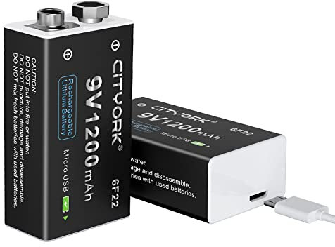 CITYORK Batería de 9 V 1200 mAh (2 pack), PP3/MN1604/6F22/6LR61 batería recargable de litio USB, con puerto de carga micro USB, adecuada para detectores de humo, estufa de gas, guitarra, teclado y más