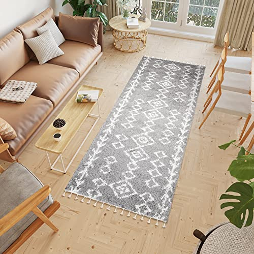 TAPISO Boho Teppich Läufer Kurzflor Shaggy Grau Creme Ethno Pfeile Muster Fransen Schlafzimmer Wohnzimmer Design Modern 100 x 250 cm