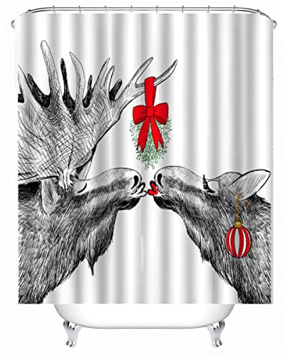 TAOLU 100% Polyester Stoff Duschvorhänge Anti-Schimmel 240x200 cm Wasserdicht Shower Curtain 3D Witzig Weihnachten Elch Bad Vorhäng Waschbar Duschvorhang für Badzimmer mit 12 Rings
