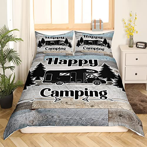 Homewish Happy Camping-Bettwäsche-Set 135x200 | Jungen rustikaler Bettbezug im Landhausstil schwarze Skizzenzeichnung Camper-Bettwäsche Bettbezug mit altem Scheunentor-Dekor