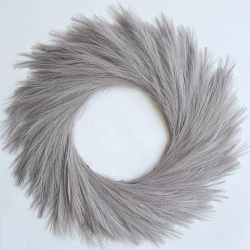 27'' Artificial Pampas Grass Wreath, UV Resistant Faux Pampas Wreath for Front Door, Porch, and Wall, Fluffy Boho Farmhouse Decor for All Seasons(Gray)