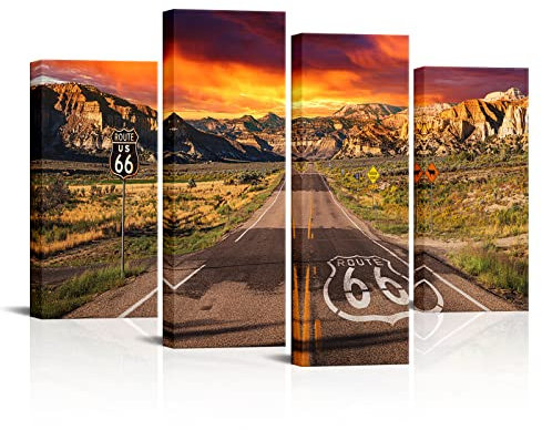 FuShvre 4teiliges Leinwandbild Route 66 Sonnenaufgang in Kalifornien Mojave Wüste Straßenschild Landschaft Bild Drucke SüdwestBerggemälde für moderne HeimbüroDekoration gerahmt, fertig zum