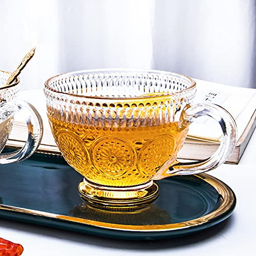 SIQITECH Tasse de Petit Déjeuner Transparent Tasse à Café en Verre avec Poignée Vintage Tasses à Café Relief Fleur Motif Verres à Eau Mug Cristal Tasse de Verre Paroi Épais pour Thé Avoine Yogourt