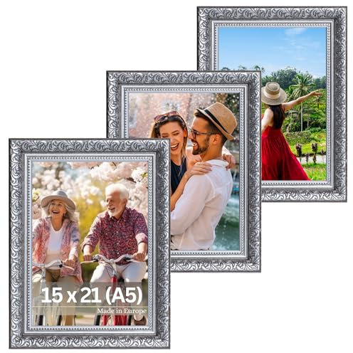 Victor Marcos de Fotos Vintage Rubens Negro Plata Set de 3-15x21 cm (A5) - Moldura: 30x20mm - Barroco - Antiguo - Vidrio Auténtico - Marco A5 Vintage