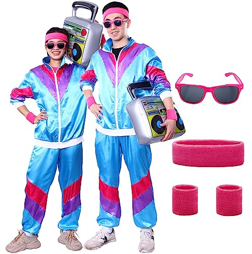 Ficlwigkis 80er 90er Jahre Outfit Herren Damen,6Pcs Blau Karneval Kostüm Trainingsanzug Retro Anzug mit Stirnband Armbänder Brille für Karneval