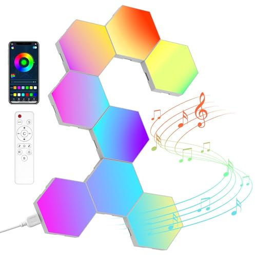 NIUCOO 8 Pack Hexagon Led Lights Wall Panels: RGB Gaming Lights with APP Smart Modular Panel Hex Tiles Push Glide Expansion Shapes Lights
