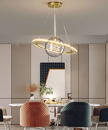 Bellastein Dimmbar Planet Hängelampe Rund Design Modern Kinderzimmer Deckenleuchte mit Fernbedienung und Glaskugel Pendellampe Höhenverstellbar Schlafzimmer Wohnzimmerlampe (Gold, L60cm/38W)