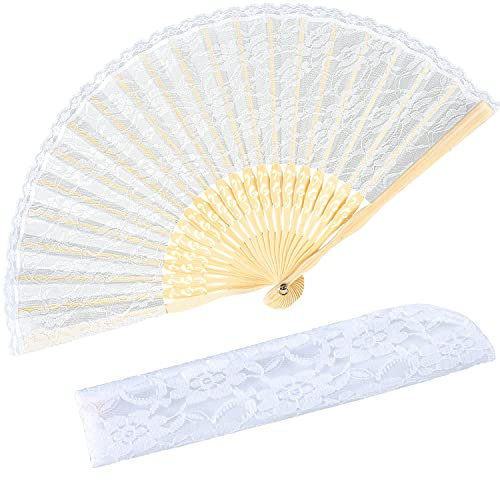 iZoeL Handfächer Hochzeitsfächer Spitze Fächer,Brautfächer Fächer Hochzeit Faltbaren Fächer Tanzfächer mit Leinen Geschenktüte für Hochzeit Fasching Party（Weiß）