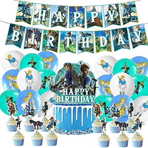 Zelda Party Decorations, Hilloly 33 Pieces Zelda Party Supplies, Zelda Birthday Decorations Theme Birthday Supplies Decorations Happy Birthday Banner Balloons Cake Topper Cupcake Toppers for Kids