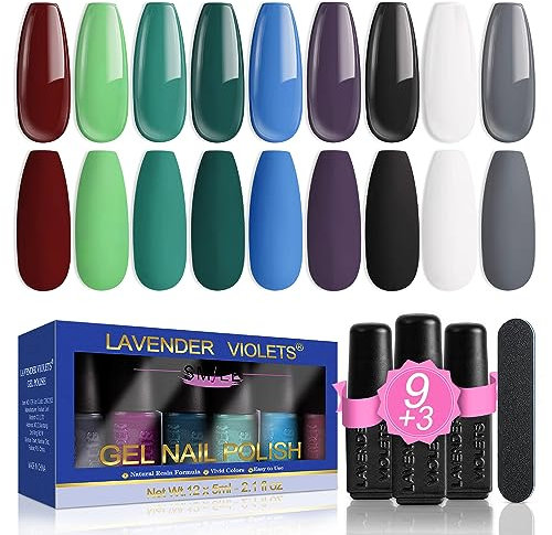 Lavender Violets Gel-Nagellack-Set 13 Pcs grün blau Farben bräunlich Spätherbst UV-Nagellack LED Soak-Off mit Basislack matt-n No Wipe Top Coat, Nagelfeile Gelnägel Maniküre Kit F632