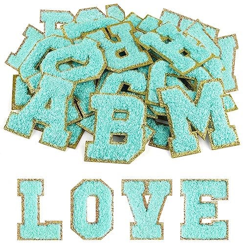 Morcheiong 26Pcs Self Adhesive Chenille Letter Patches A-Z, Iron on Letters for DIY Clothing, Fabric, Shoes, Bags (Blue)