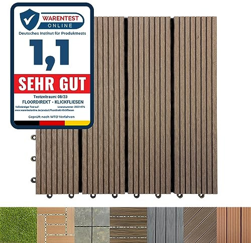 Floordirekt WPC Fliesen 30x30 cm, 1 Stück = 0,09m² Terrassenfliesen, Klickfliesen, Balkonfliesen in Holzoptik - Bodenbelag für Balkon & Terrasse - wetterfest mit Drainagefunktion | Dunkelbraun | Royal