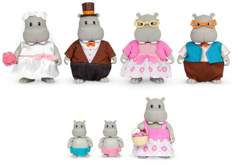 Li'l Woodzeez Pitterpotemus Hippo Family Wedding Set, 7 Posable, Playsets | 10-piece pretend play figure set with 7 collectible hippos, bouquet, basket, and top hat; playsets sold separately; 3+ Years