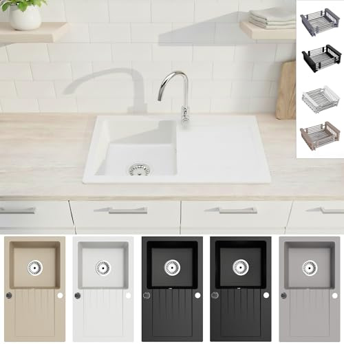 Faizee Home | Granitspüle 75x44 cm Weiß – Beidseitig montierbare Einbauspüle aus Granit für moderne Küchen | Inkl. Armatur Chrom, Spülkorb & Siphon-Set