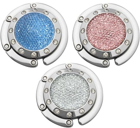 Kimuwote Porta borsa da tavolo, 3 pezzi, pieghevole, antiscivolo, gancio da tasca, in metallo, porta borsa da tavolo, piccoli diamanti, oro rosa, bianco, argento, acqua