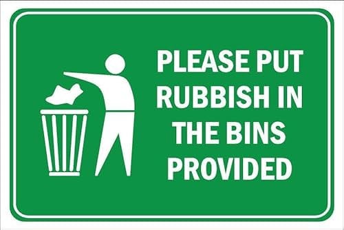 Please put rubbish in the bins provided, landscape - Self adhesive sticker (200mm x 150mm)