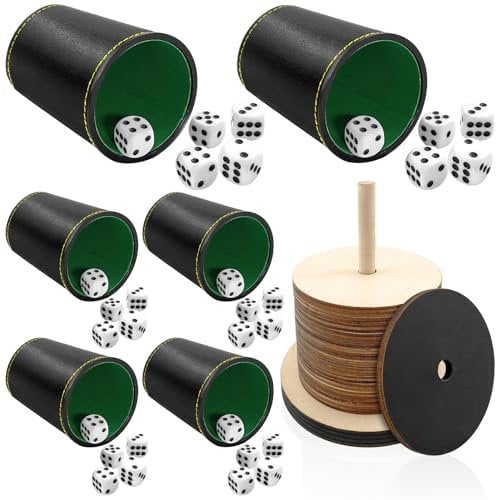 TOPJOWGA Schocken Set, Schockbesteck Schocken Spiel Set, Komplett mit Schockbesteck, 6 Würfelbecher Leder und 30 Würfeln, Schocken Würfelspiel Set, Ständer Schockbesteck Holz für Spiel