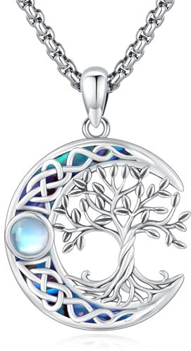 Eusense Collier Arbre de Vie Argent 925 Pendentif Lune Pierre de Lune Collier Nœud Celtique Arbre de Vie Bijoux Cadeau d'Anniversaire Valentine Noël