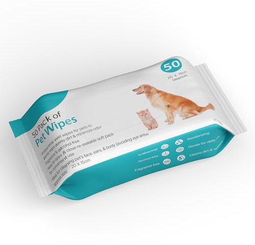Pack of 50 Pet Wipes - Alcohol Free Antibacterial Pet Grooming Wipes for Dogs, Cat Unscented Daily Cleaning Wet Wipe for Paw, Ear, Face, & Body