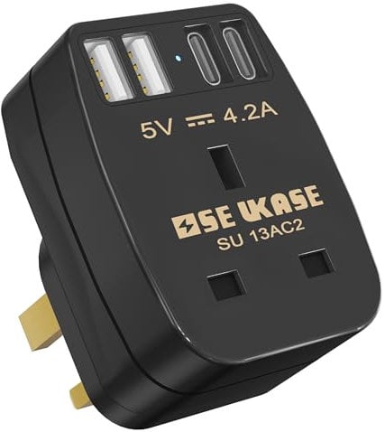 SE UKASE UK Plug Adapter with 4 USB Ports(2USB A+2USB C), 5 in 1 Multi Plug Extension, 13A UK 3 Pin Power Socket, Multi USB Plug Adapter Extensions for Home, Office, Kitchen