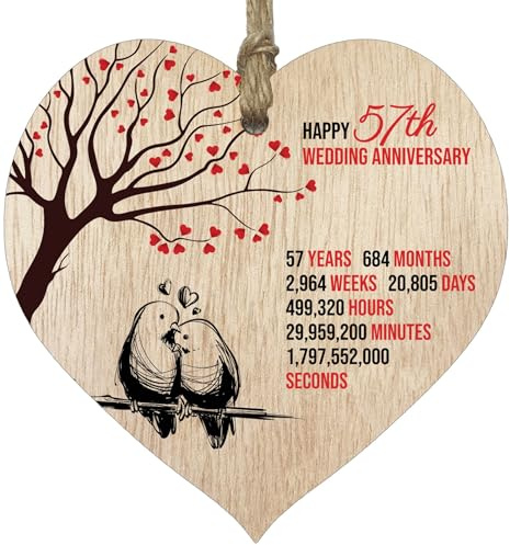 57th Wedding Anniversary Wooden Heart Plaque, Light Wood Sign Keepsake, Celebrate Anniversary Wife Husband Boyfriend Girlfriend, Plaque with Quotes Gifts from the Kids