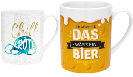 GRUSS & CO Geschenkset für Männer | 1 XL-Tasse mit Motiv Chillkröte und 1 XL-Tasse mit Spruch Bier, Porzellan, 60 cl | Männergeschenk, lustiges Geschenk, Geburtstag | 45757 + 48813