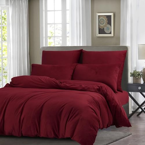 Gezu Bettbezug aus Flanell, 240 x 260 cm, Rotwein, Winter-Bettwäsche, Velours, doppelseitig, dick, flauschig und warm, Bettwäsche für Doppelbett, mit 2 Kissenbezügen, 65 x 65 cm, mit Reißverschluss