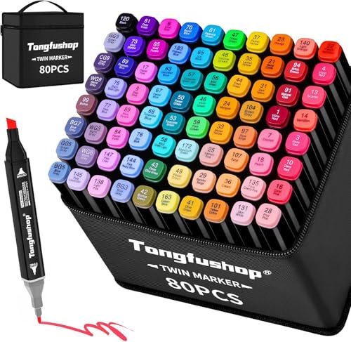 Tongfushop Marker Set Filzstifte, 80 Farben Alkohol Marker mit Feinspitze & Breitspitze, 2-Sekunden Schnelltrocknend, Graffiti Stifte mit Anti-Seepage Abstandshaltern für Malerei, Design