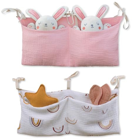 NEUSID 2 Stück Bett Organizer Kinderbett, 2-in-1 Babybett Organizer Kinderzimmer Hängend Aufbewahrungstasche Betttasche Spielzeugtasche für Windeln Flaschen (Pink, Regenbogeni)